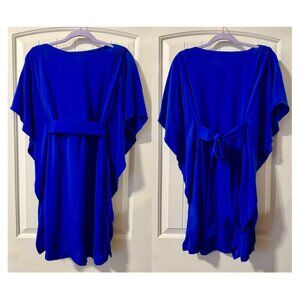 Suzi Chin for Maggy Boutique Blue Cape Ruffle Sleeve Belted Silk Dress - Size 2